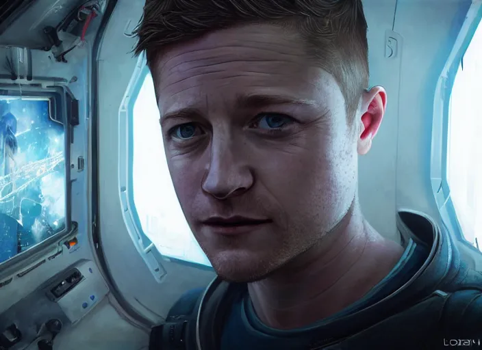 Image similar to highly detailed portrait of ben mckenzie in a space shuttle, in detroit : become human, stephen bliss, unreal engine, fantasy art by greg rutkowski, loish, rhads, ferdinand knab, makoto shinkai and lois van baarle, ilya kuvshinov, rossdraws, tom bagshaw, global illumination, radiant light, detailed and intricate environment