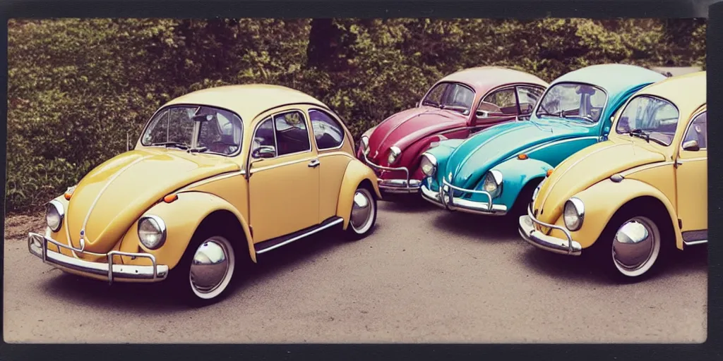 Image similar to polaroid photo of volkswagen beetles, vintage colors, slight color bleed