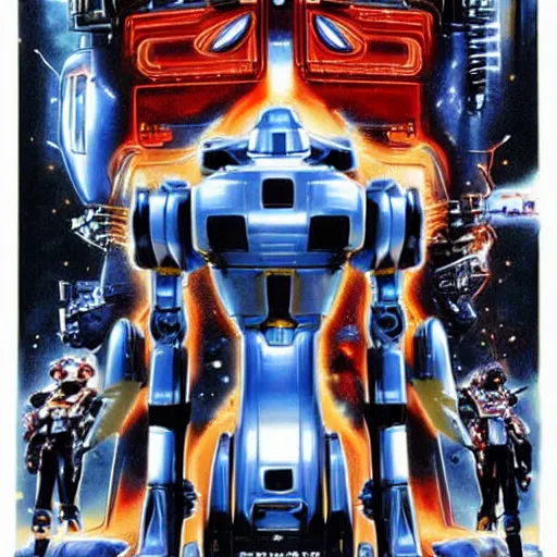 Prompt: mecha robot, symmetrical, movie poster art by drew struzan,