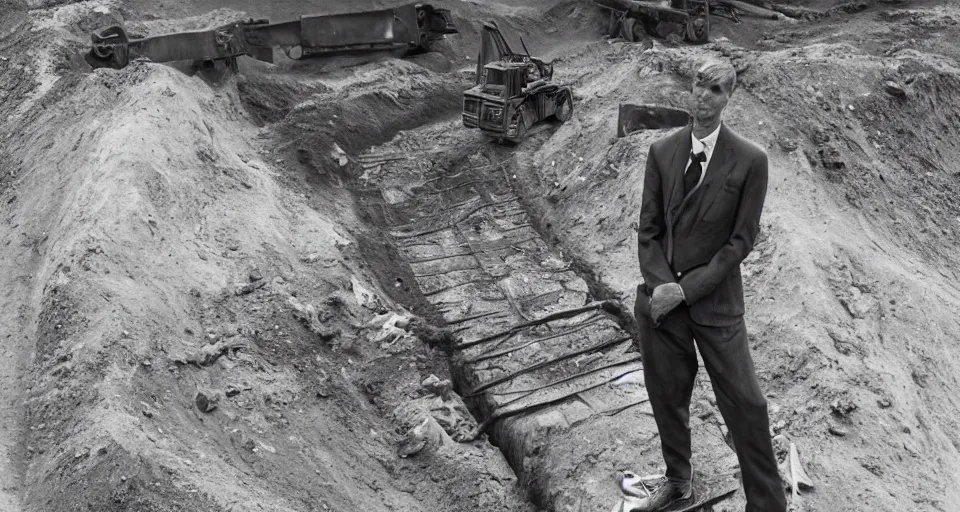 Prompt: a formal portrait photograph of a man whose chest has become an opencast bauxite mine. machinery excavates his ore rich lung and heart. he is rich beyond reason, and as poor as a dog. he is suspended from a bridge, dying.