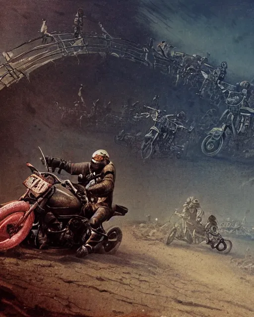 Image similar to motorbikers race in hell, retrofuturism sci - fi old movie, highly detailed, photorealistic, 8 k, by beksinski and stalenhag