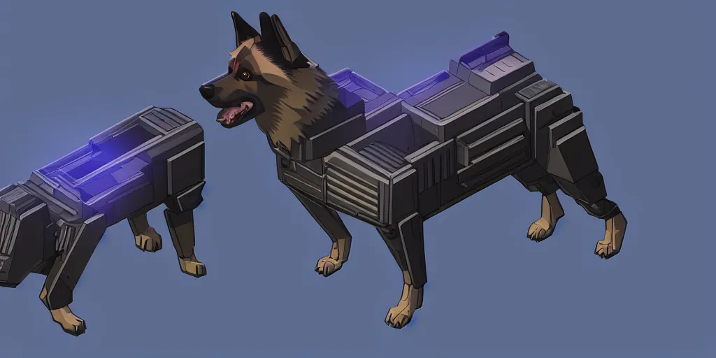 Prompt: Isometric render of a cyberpunk german Shepard made of robot parks, sleek design