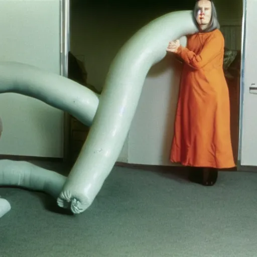 Prompt: A depressed woman and an inflatable intestine, John Waters film still, color 1970