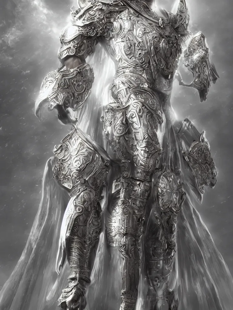 Prompt: a full body standing male divine and rogynous gorgeous, with a white gold angelic armor, vertical portrait, symmetrical face, symmetrical, dark epic, roman toga, cinematic lighting, heaven background, concept art, highly detailed, photorealistic, 4 k, mist, octane render, unreal engine, hyper detailed, volumetric lighting.