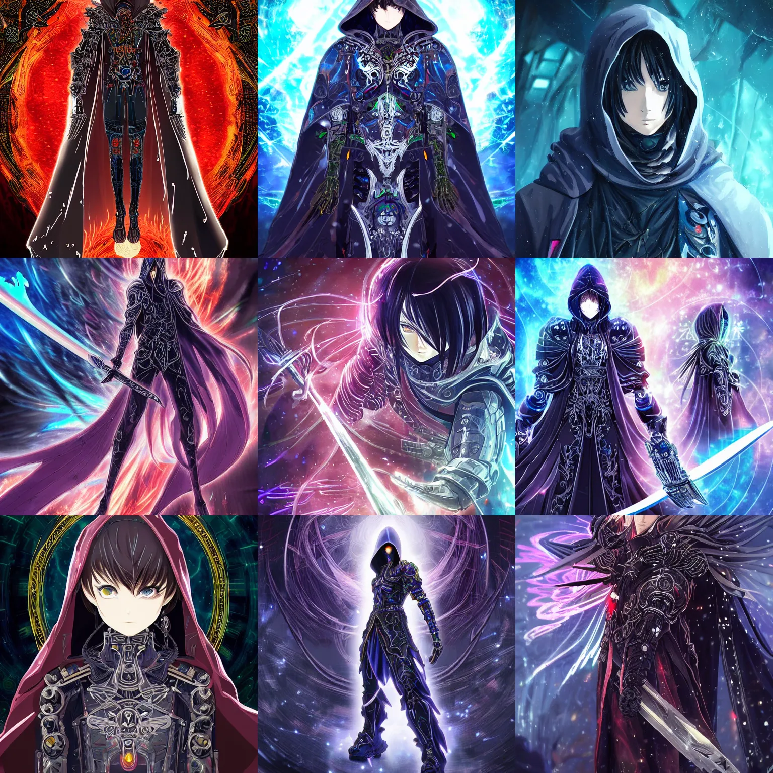 Prompt: Cloaked hooded complex cybernetic being with a biological human face, anime CGI style, dark, intricate and ornate, intricate technological ominous warrior, anime in the style of Makoto Shinkai, rich colour and detail, brandishing iridescent legendary cosmic sword