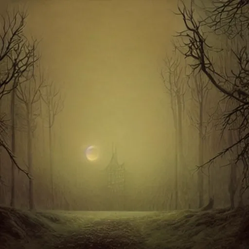 Image similar to A haunting dark castle stands over a misty orchard, a crescent moon dimly shines; lighting a small path that winds through the trees. A matte painting in the style of Wayne Barlowe, by Zdzisław Beksiński.