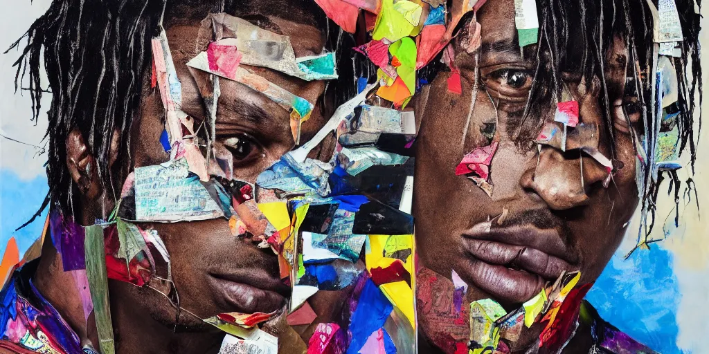 Prompt: travis scott with a trash bag on his head, collage paper and tape, acrylic on canvas, hyperrealism mixed with expressionism, high resolution, cinematic, unreal 6 breathtaking detailed, by blake neubert