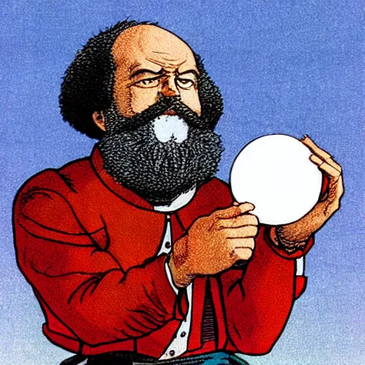 Prompt: Karl Marx pondering his Orb by Akira Toriyama