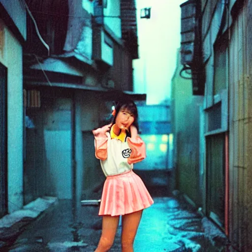 Image similar to 1990s perfect 8K HD professional cinematic photo of close-up japanese schoolgirl posing in dystopian alleyway with neon signs, at evening during rain, at instagram, Behance, Adobe Lightroom, with instagram filters, depth of field, taken with polaroid kodak portra