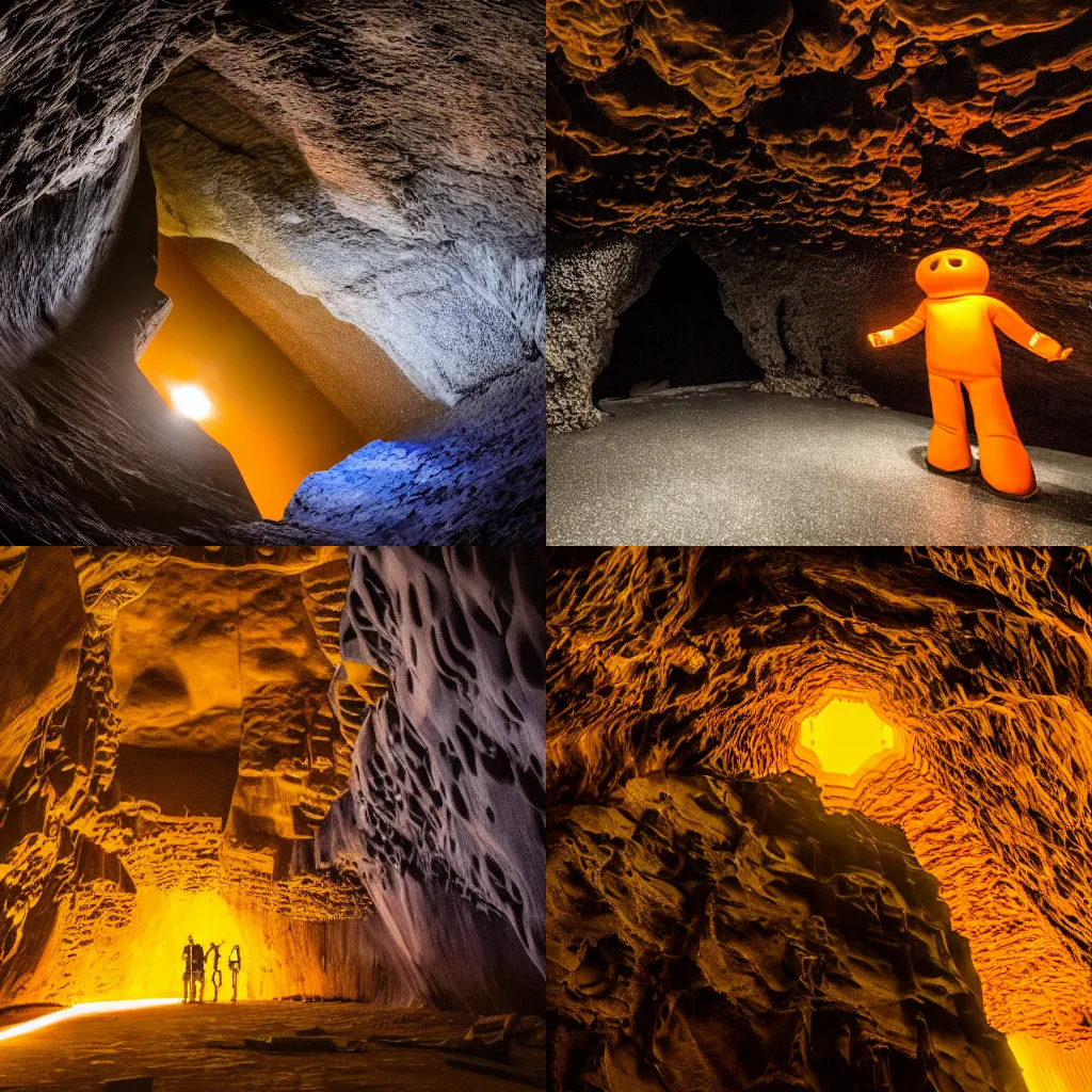 Prompt: A professional photo of inside a giant dark rock cavern, which inside has a giant orange glowing humanoid, next to a giant skyscraper with thousands of floors and bright yellow windows