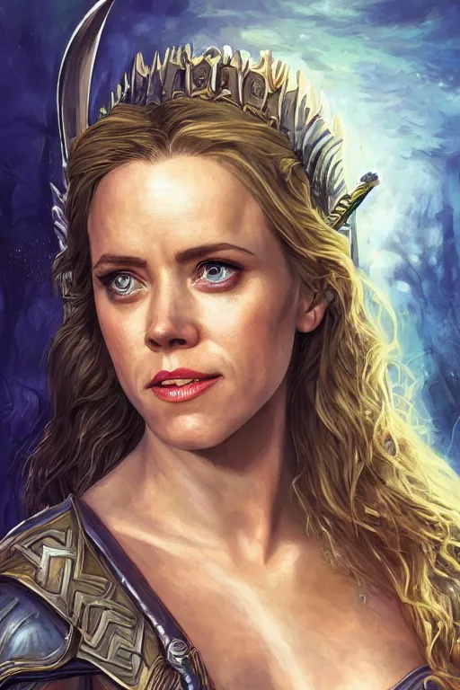 Image similar to A fantasy comic book style portrait painting of, hybrid of Rachel McAdams, Amy Adams, as an Atlantean, Reptilian Warrior, Mystical Valkyrie, Armor, Sword, Archer Bow, Spear, Sheild, François Boucher, Oil Painting, unreal 5, DAZ, hyperrealistic, octane render, Regal, Refined, Coherent, Detailed Digital Art, RPG portrait, William-Adolphe Bouguereau, Michael Cheval, Walt Disney (1937), Steampunk, dynamic lighting, Highly Detailed, Cinematic Lighting, Unreal Engine, 8k, HD