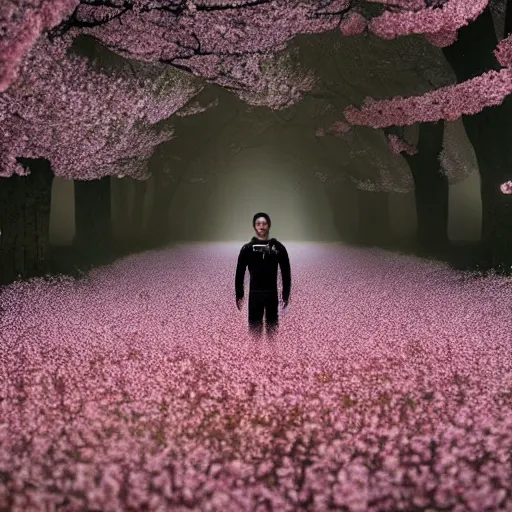 Image similar to photograph of an astronaut wearing a black suit in the middle of a cherry blossom eden, foggy, atmospheric