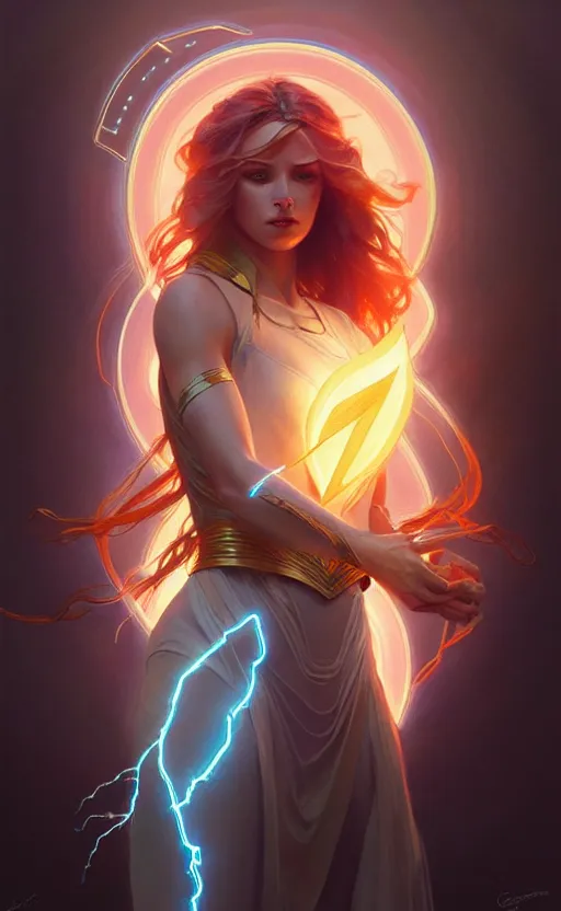 Image similar to Goddess of lightning, sci-fi, highly detailed, digital painting, artstation, concept art, smooth, sharp focus, illustration, art by artgerm and greg rutkowski and alphonse mucha