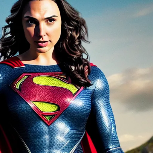 Image similar to an potrait of gal Gadot cast of movie man of steel and wearing a superman suit .