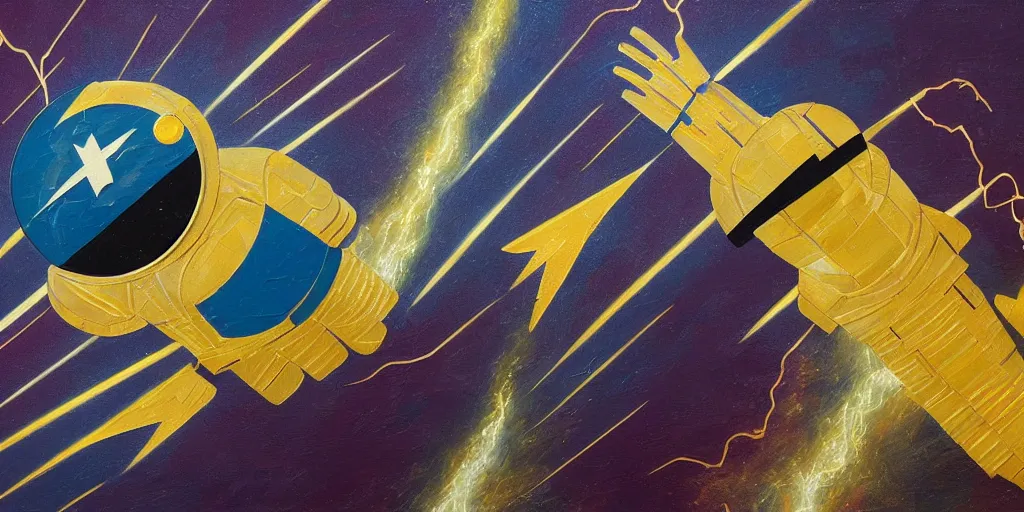 Image similar to textured art deco painting of astronaut, flying from bottom left to top right, muted, geometric, gold and deep purple background with lightning bolt