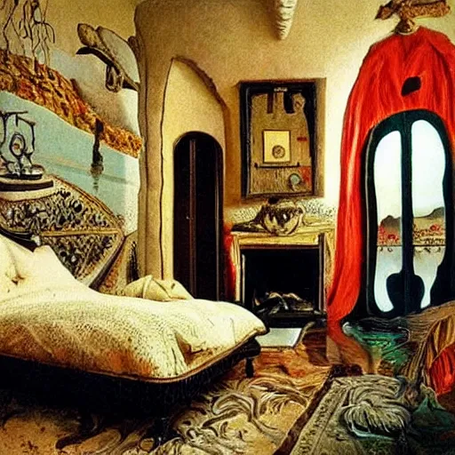 Image similar to a cozy bedroom decorated by salvador dali, detailed, high resolution, wow!, intricate