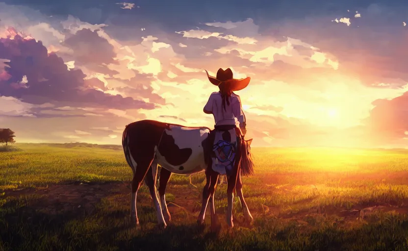 Prompt: a cowgirl watching the sunset peacefully over her farm, anime concept art, anime scenery, anime still, 4k