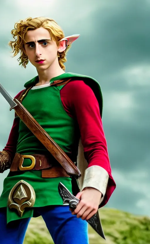 Image similar to super super super epic cinematic shot of Timothee Chalamet starring as Link from Legend of Zelda, 8k movie scene, elf ears, long blonde blonde hair, green clothes, blue eyes, ++++++ super super super dynamic action posing, super serious facial expression, holding a sword & shield, ocarina of time movie, concept photos, dynamic lighting, dynamic shaders, night time, in the forest, fairy light above him, amazing quality, magical forest