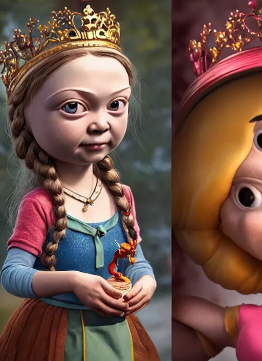 Image similar to highly detailed closeup, face profile portrait of greta thunberg as a tin toy fairytale goth princess wearing a crown eating cakes, bikini, unreal engine, nicoletta ceccoli, mark ryden, earl norem, lostfish, global illumination, detailed and intricate environment