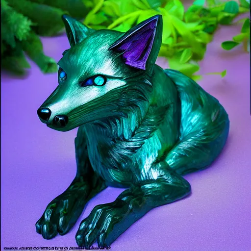 Image similar to !dream Emerald Fox sculpture with glowing purple eyes