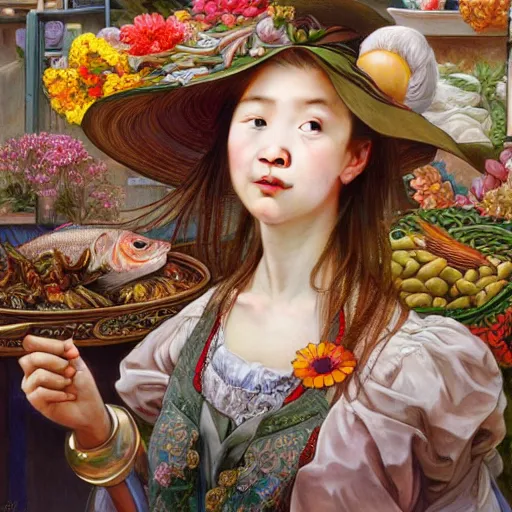 Image similar to a masterpiece ultrarealistic ultradetailed portrait of beautiful love fishmonger girl on street market baroque renaissance. medium shot, intricate, elegant, by stanley artgerm lau, wlop, alphonse mucha, rossdraws, andrei riabovitchev, yoshitaka amano. flower background my james jeand and takashi murakami.