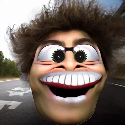 Prompt: trollface is driving a car realistic photo