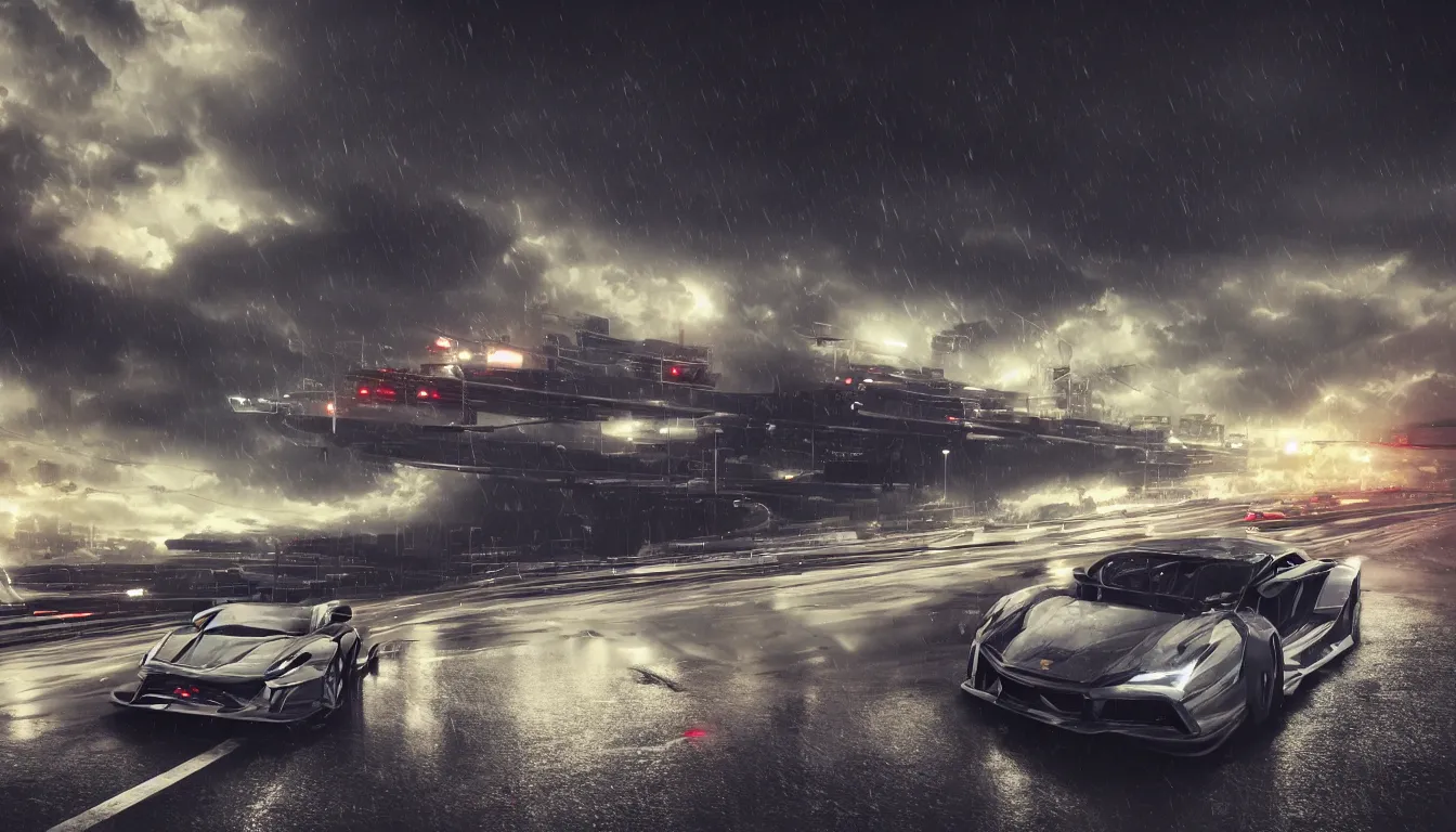 Image similar to One sport car in a highway by Khyzyl Saleem , city landscape, night time, stormy wheater, atmospheric, trending artstaion, concept art, sharp focus, high detail, octane render, synthwave