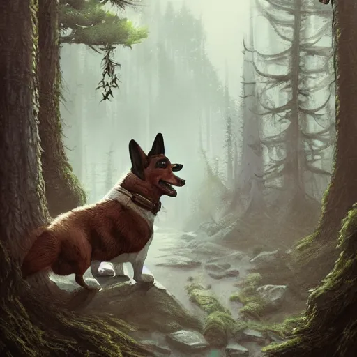 Prompt: corgi rogue d & d character art, misty forest, looming trees, hyperrealistic, intricate, fantasy, beautiful digital illustration, greg rutkowski, trending on artstation, 8 k