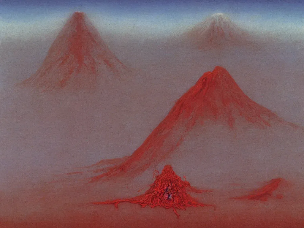 Image similar to Strange volcano made of cinnabar in the middle of the tsunami ocean. Painting by Beksinski, Roger Dean