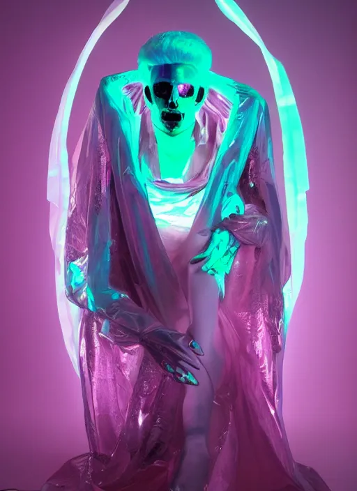 Prompt: photo of fullbodied baroque and bladerunner delicate neon diamond sculpture of seductive onyx albino marble prince adonis bosso dotado mint iridescent humanoid deity wearing pink plastic trashbag hooded cloak holding diamond skull in a white alien dungeon, reclining, glowing magenta face, crown of white diamonds, cinematic lighting, photorealistic, octane render 8 k depth of field 3 d
