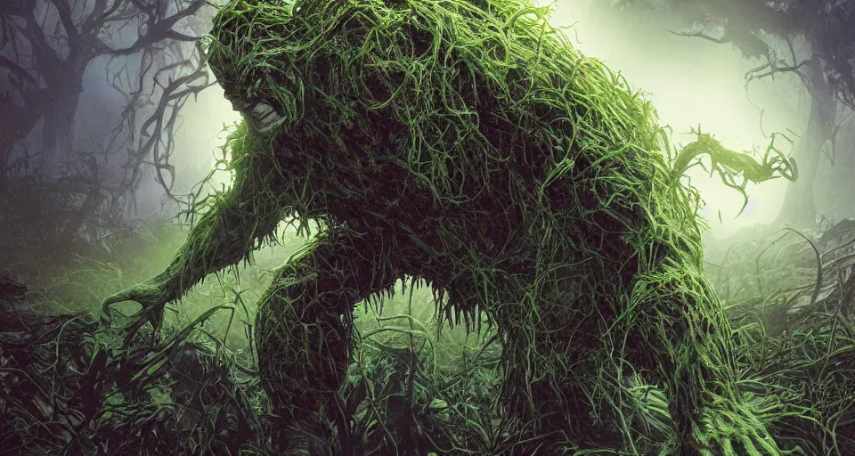 Image similar to Marvel Comics Man Thing Battles DC Comics Swamp Thing In A Misty Swamp, bats, sunset, volumetric lighting, hyperrealistic, beautiful details, HDR, octane render, action shot, wide angle, bokeh, Yasushi Niarasawa Moebius Jim Steranko Style