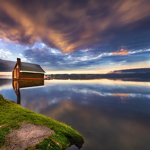 Prompt: landscape photography by jimmy nelson, swedish lake, very early sunrise, dramatic lighting, small house by the lake, soft clouds, beautiful reflections, unreal engine 8 k