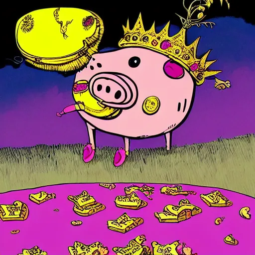 Image similar to trippy comic art of a pig wearing a gold crown eating snacks, drawn by Martin Rowson, Tim Burton, Studio Ghibli, Alex Pardee, Nekro Petros Afshar, James McDermott, colors by lisa frank, unstirred paint, vivid color, cgsociety 4K