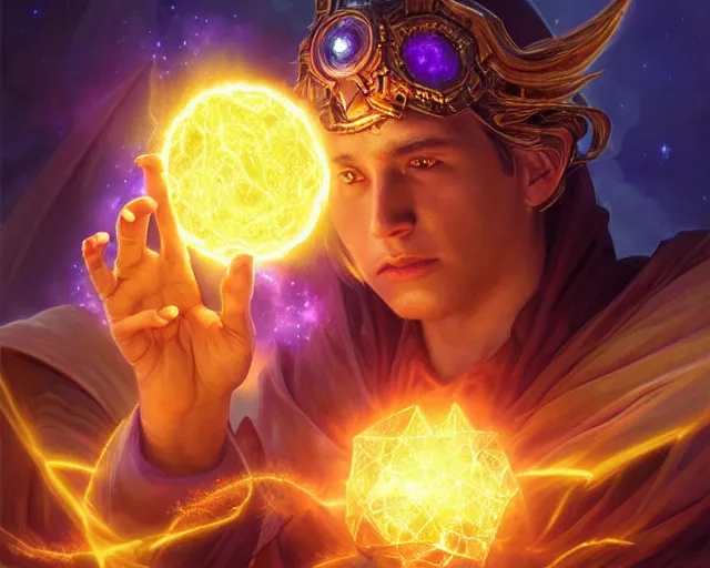 Prompt: extreme cosmic power, wizard casting the biggest greatest brightest destructive fireball in the world, deep focus, d & d, fantasy, intricate, elegant, highly detailed, digital painting, artstation, concept art, matte, sharp focus, illustration, hearthstone, art by artgerm and greg rutkowski and alphonse mucha