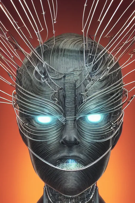 Image similar to organic cyborg head wrapped in barb wire lasers by Hajime Sorayama and Jamie Coreth, trending on artstation, centered, symmetrical, rim lighting, electric hair, bilateral symmetry, 80s poster, polished, thick smoke, retro dark vintage sci-fi, 2D matte illustration