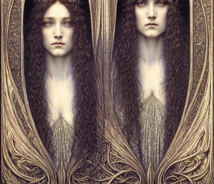 Image similar to detailed realistic beautiful young medieval queen face portrait by jean delville, gustave dore and marco mazzoni, art nouveau, symbolist, visionary, gothic, pre - raphaelite. horizontal symmetry