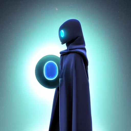 Image similar to award - winning. trending on artstation. 4 k. a faceless robotic figure wearing a hooded cape made of the night sky with 1 dark blue glowing eye on its face. full - body.