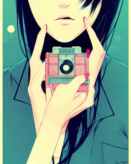 Image similar to girl holding flashbang, detailed manga illustration!! intricate details, beautiful perfect face, perfect body, aesthetically pleasing pastel colors, poster background, aesthetic details, art by conrad roset and ilya kuvshinov