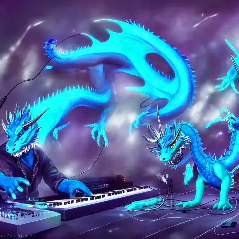 Prompt: an anthropomorphic male blue dragon playing with a synthesizer, deviantart, furry art, highly detailed, 8k