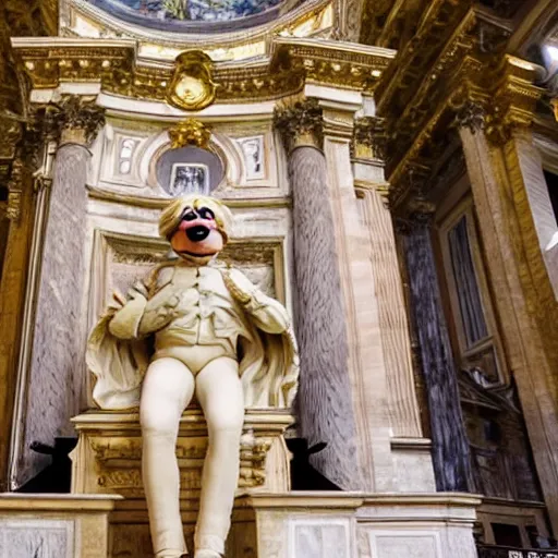 Prompt: a statue of a muppet in St Peter's Basilica, Vatican, soft sunlight dappling on it, ornate architecture, award-winning photo