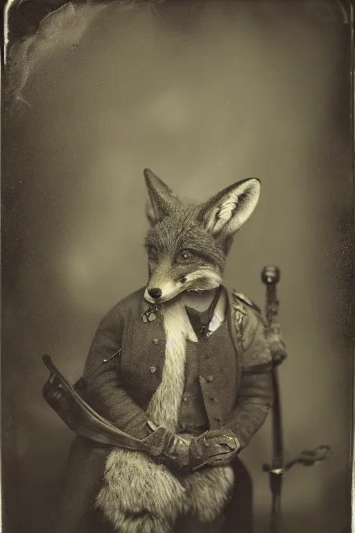 Image similar to a wet plate photo of an anthropomorphic fox dressed as robin hood