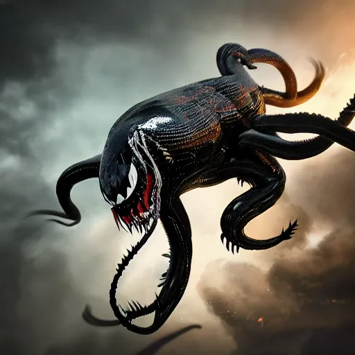 Image similar to full body pose, hyperrealistic photograph of venom, dim volumetric lighting, 8 k, octane beautifully detailed render, extremely hyper detailed, intricate, epic composition, cinematic lighting, masterpiece, trending on artstation, very very detailed, stunning, hdr, smooth, sharp focus, high resolution, award, winning photo, dslr, 5 0 mm