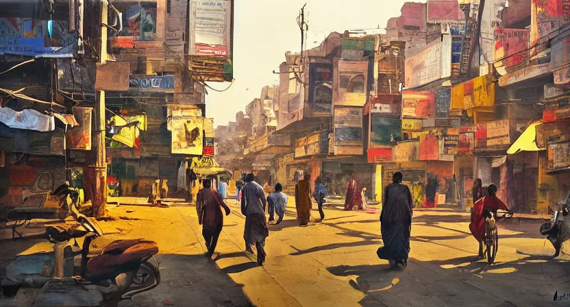 Prompt: delhi streets, artwork by salman toor, cinematic light, atmospheric effects