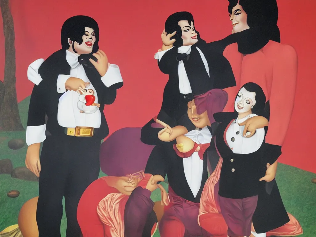 Image similar to Michael Jackson and Bubbles painted by Botero