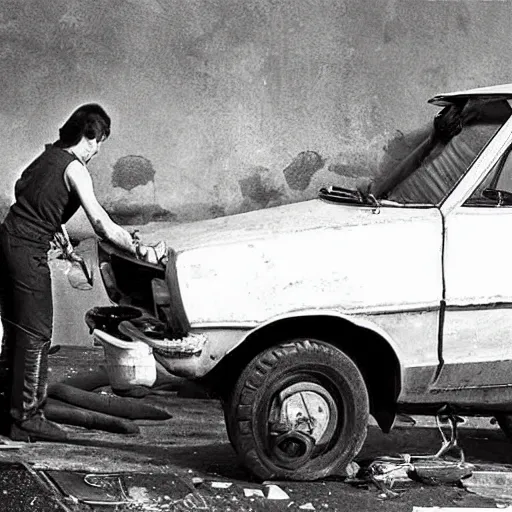 Image similar to alien is repairing an old lada near garages, soviet space, top secret style, realistic photo, 1 9 7 0 s, color