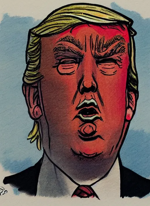 Image similar to a bill waterson color drawing of trump, high detail