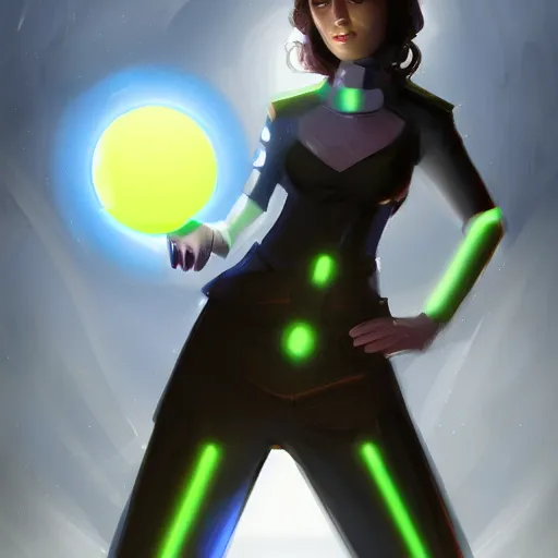 Prompt: a woman in a futuristic suit holding a glowing ball, a character portrait by Bernardino Mei, deviantart contest winner, digital art, digital painting, speedpainting, futuristic