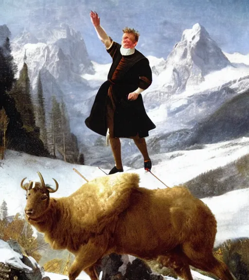 Image similar to gordon ramsay crossing the alps on a ram painting by paul delaroche