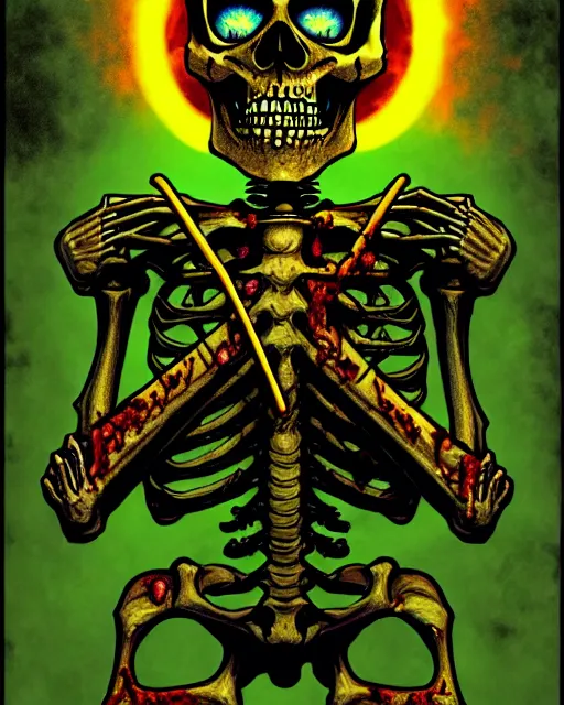 Image similar to zombie skeleton jedi knight meditating, explosive electric energy, in the style of darrell k. sweet, in the style of 1 9 8 0 s, matte, intense atmosphere, high detail, vintage horror