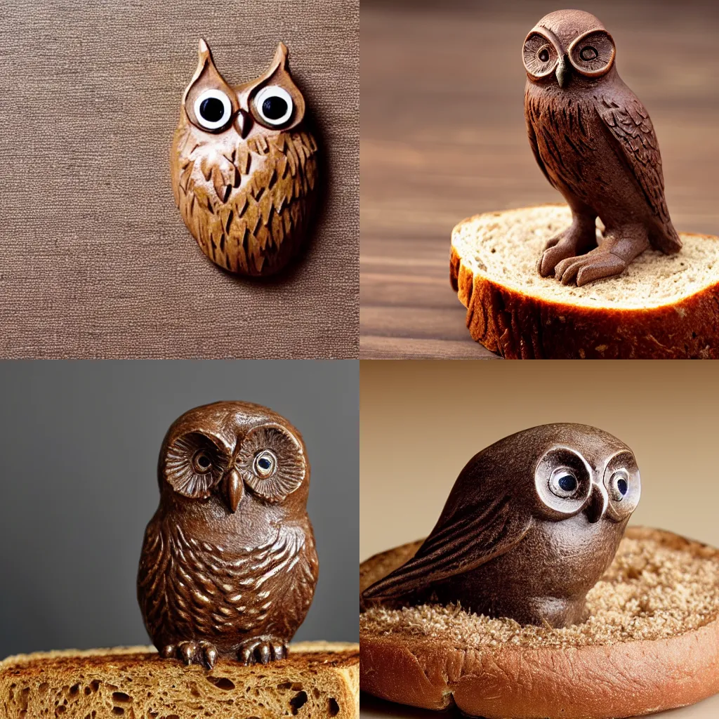 Prompt: A brown statuette of an owl on a piece of bread. solid Background.